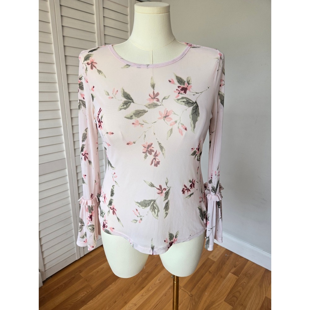 Freshman Pink Floral Mesh Long Bell Sleeve Top Sheer L Romantic Boho Fairycore - Picture 2 of 8